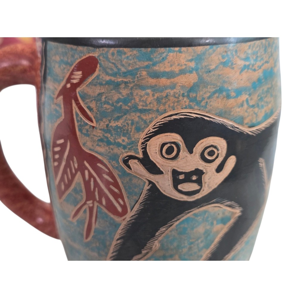 Handmade Clay Pottery Mug Cup Monkey Costa Rica Terra Cotta Teal Black